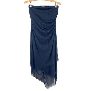 Y2K‎ Strapless Dress M Black Beaded Ruched Asymmetrical Chiffon Overlay Prom